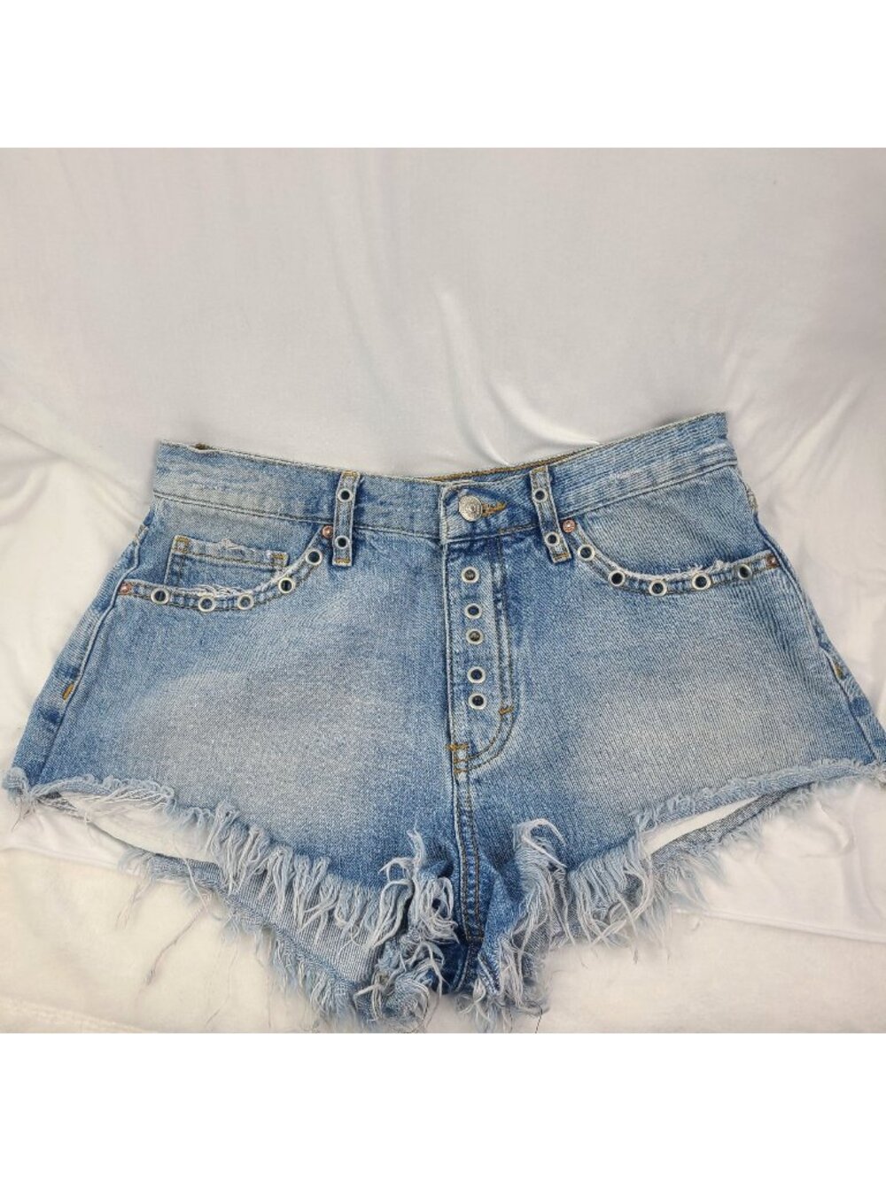Free People Barcelona Nights Grommet High Rise Jean Shorts Cutoff Button Fly 27